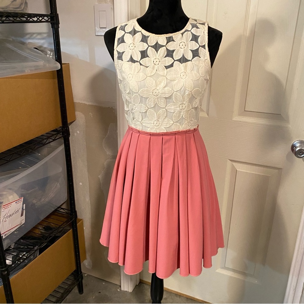 Altar’d State Dress Fit Flare Mini  Lace Bodice Cream Pink Floral Cutout Medium